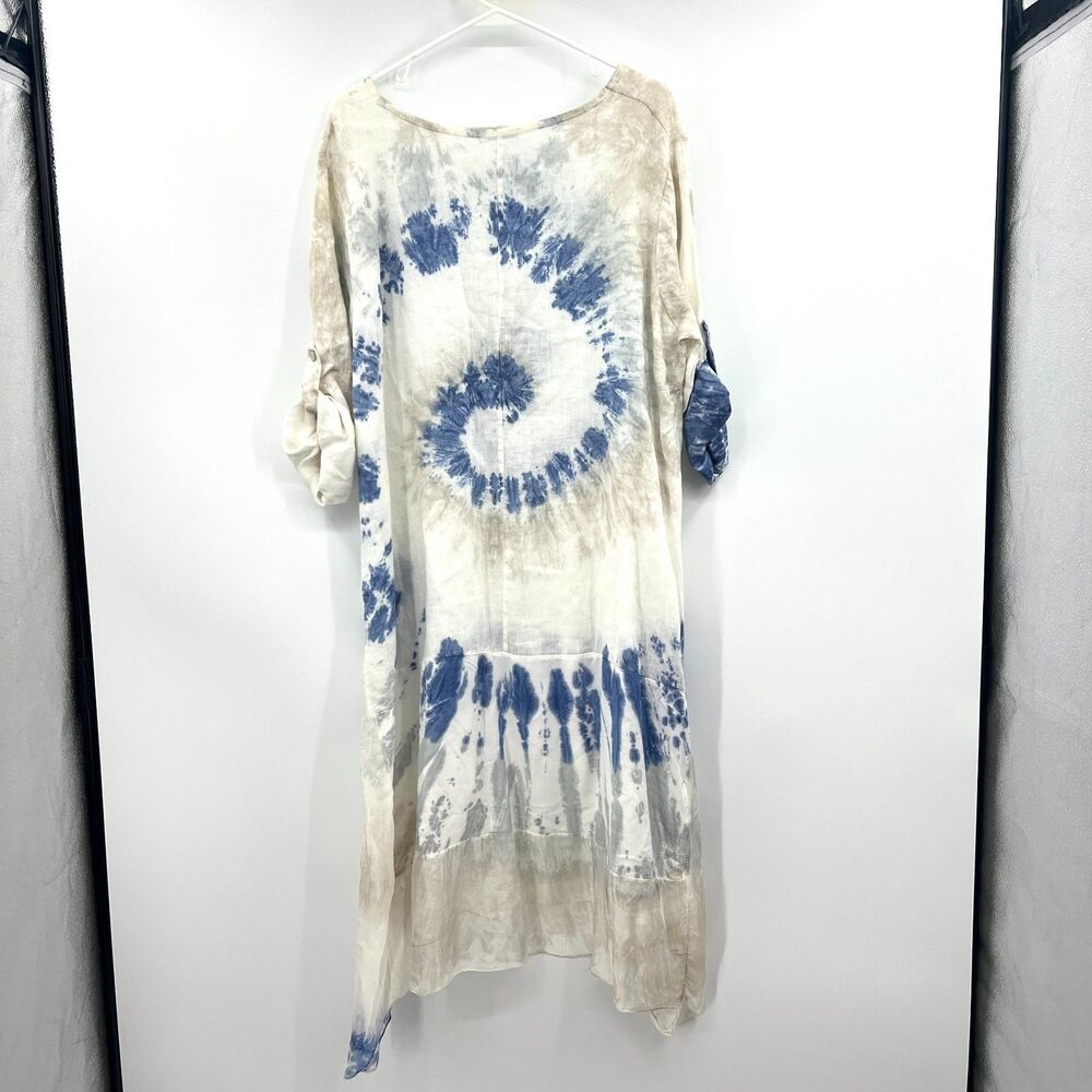 Made In Italy Linen Tie Dye Lagenlook Dress Blue Beige Boho Roll Tab Sleeve OS